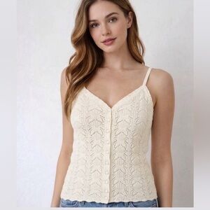 New Aerie size S cotton pointelle ivory crochet knit tank top camo